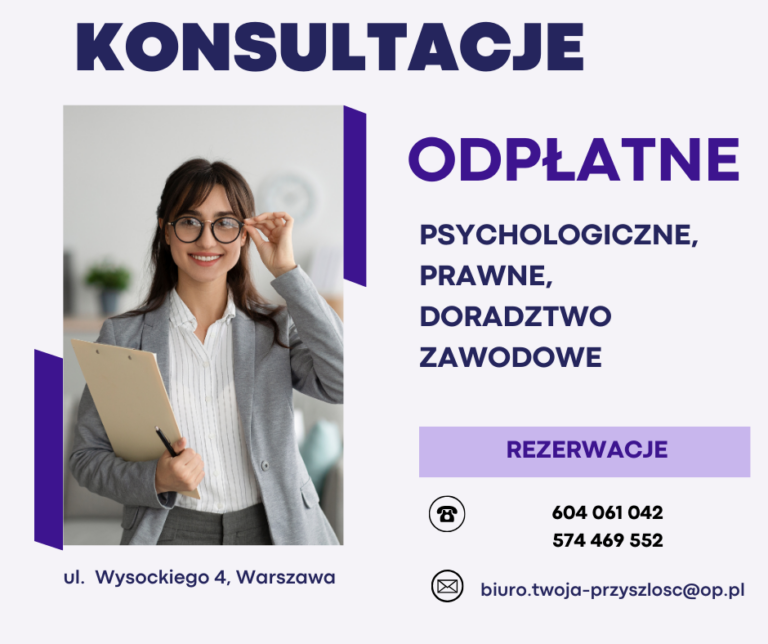 Konsultacje odpłatne – psychologiczne, prawne, doradztwo zawodowe