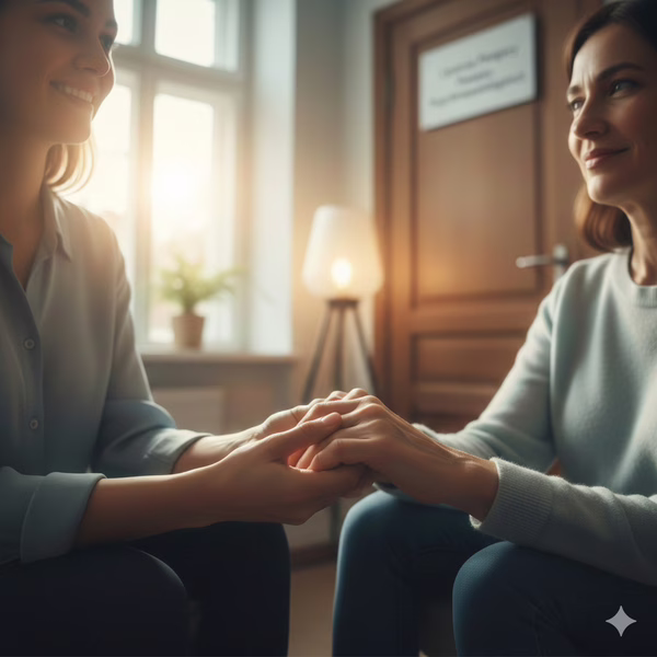 Dwie złączone dłonie symbolizujące wsparcie i nadzieję w procesie żałoby. Obrazek podkreśla dostępność darmowego psychotraumatologa i pomocy w żałobie Warszawa Targówek.