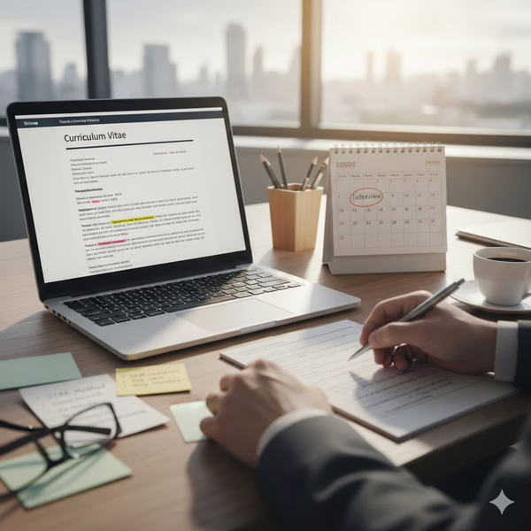 Poprawa błędów w CV (Curriculum Vitae) przed rozmową kwalifikacyjną w Warszawie. Widok z bliska na ręce kandydata korygującego dokument z pomocą doradcy zawodowego na laptopie.