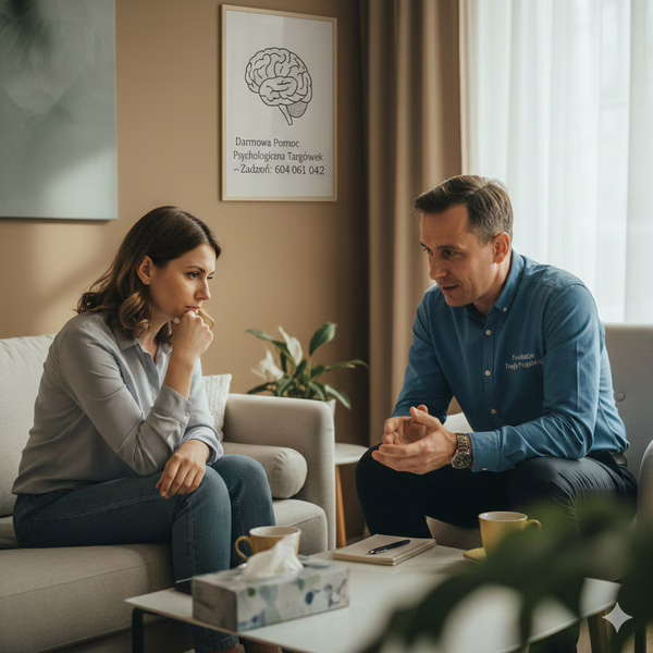 Sygnały że potrzebuję psychologa – kobieta na kozetce rozmawia z ekspertem Fundacji "Twoja Przyszłość" o darmowej pomocy psychologicznej na Targówku.