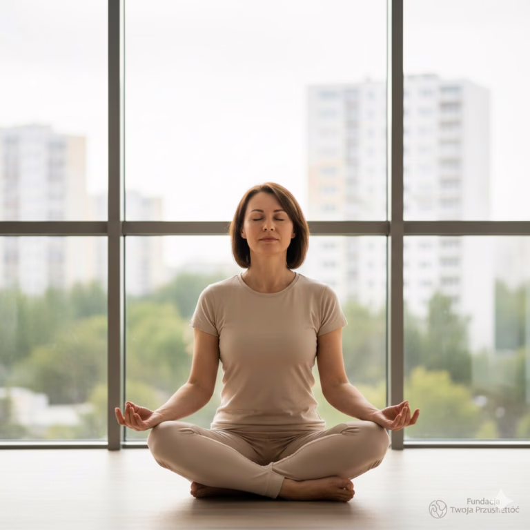 Mindfulness i Techniki Oddechowe: Bezpłatne Zajęcia na Wysockiego - Odkryj Spokój w Warszawie 4 Kobieta medytująca w spokojnej pozycji lotosu, wykonująca głębokie techniki oddechowe na stres w słonecznej sali warsztatowej Fundacji Twoja Przyszłość. Klucz do bezpłatnych zajęć mindfulness Warszawa Targówek Wysockiego.