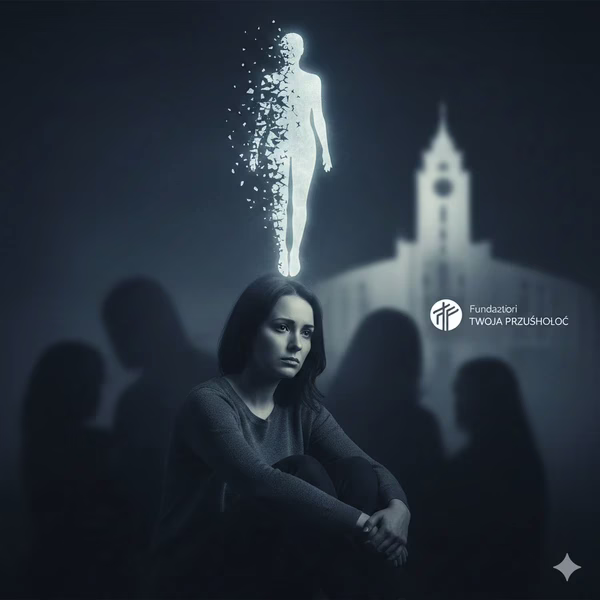 Kobieta doświadczająca objawów PTSD i dysocjacji, symbolizującej traumę pourazową. W tle rozmazane sylwetki i zarys kościoła. Obraz wizualizuje potrzebę pomocy psychotraumatologa Targówek.