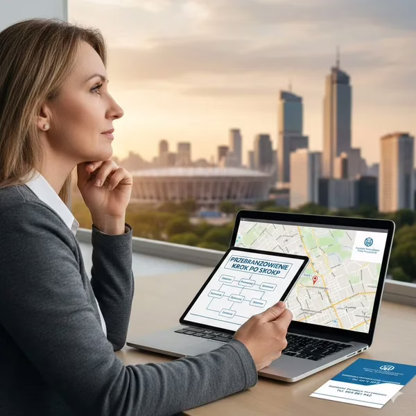 Kobieta planująca przebranżowienie krok po kroku w biurze z widokiem na Warszawę. Na ekranie flowchart procesu, mapa doradztwa zawodowego Targówek i logo Fundacji.