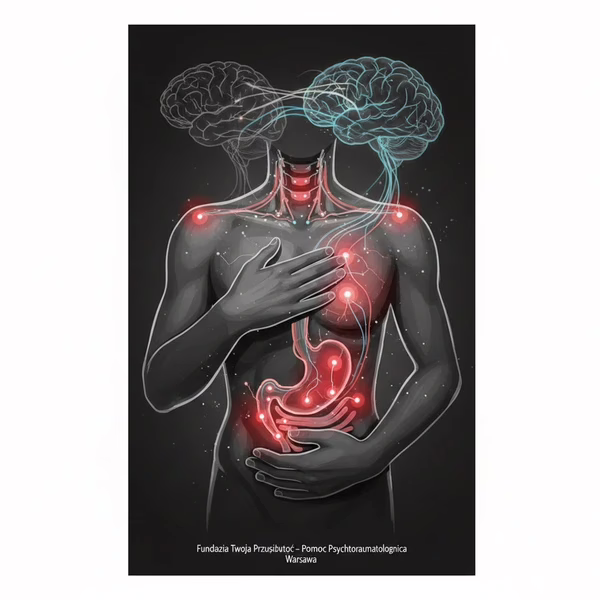 Objawy traumy w ciele: Schemat połączeń mózg-ciało, somatyzacja i sygnały traumy (ból brzucha, napięcie klatki). Psychotraumatolog Targówek – Fundacja Twoja Przyszłość.